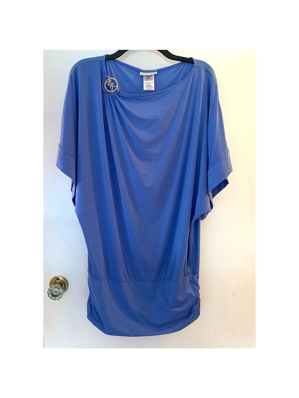 Michael Kors Draped Jersey Top Tunic Crew Blue Oversized Dolman Sleeve Gold Logo
